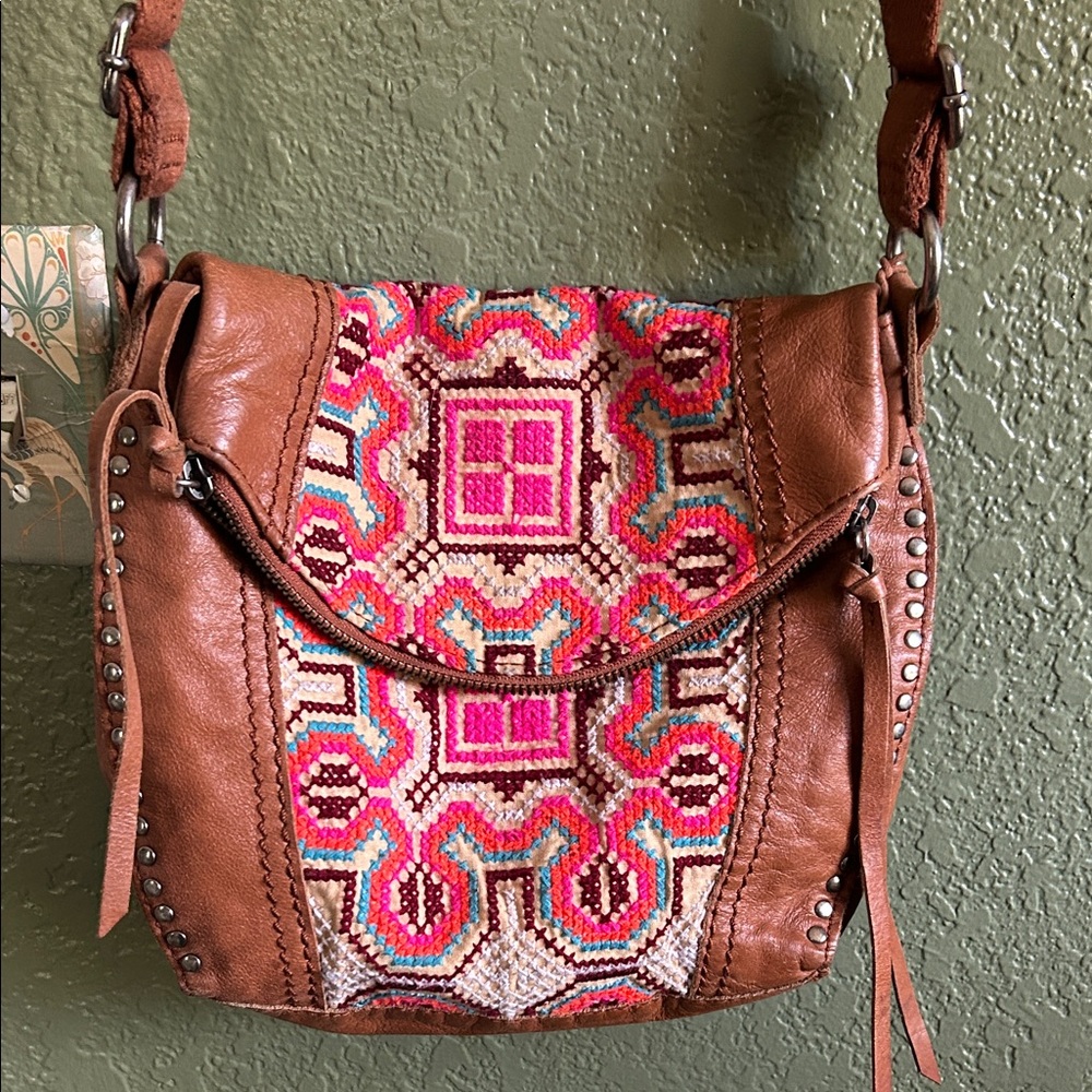 The Sak Brown Leather Crossbody Bag with Pink Embroidery